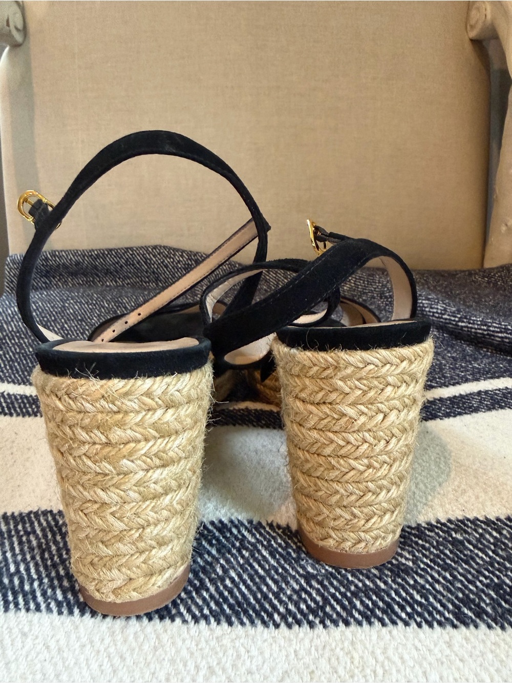 Stuart Weitzman Black Suede Espadrille Wedge Sandals